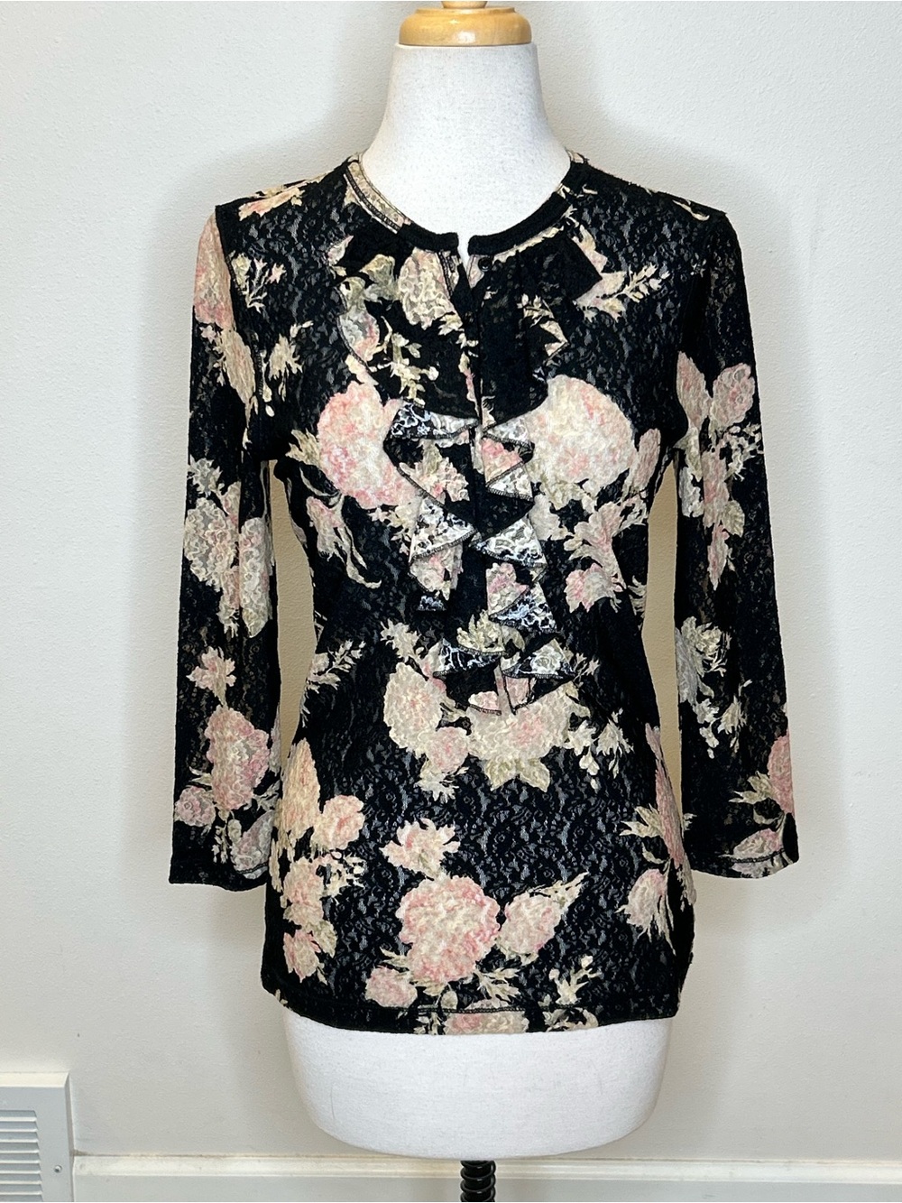 Ralph Lauren Lauren Jeans Co. Black Lace Floral Ruffle Front Top Size S NWT $69